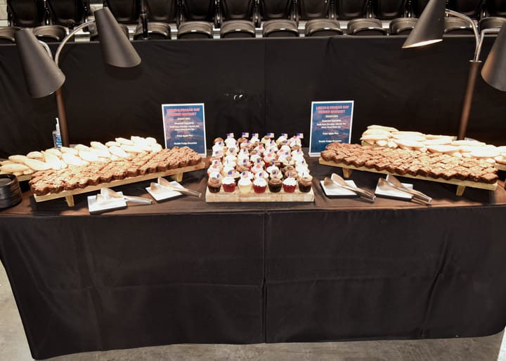 An assortment of desserts arranged on a serving table